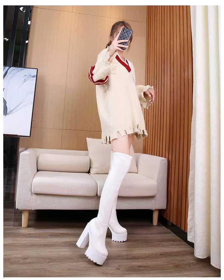 K-style White Chunky Heels