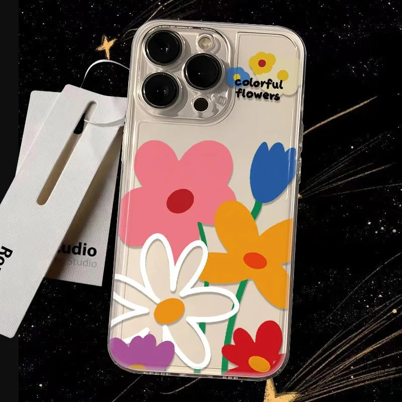 Color Flowers Phone Cases For iPhone 16 15 14 13 12 11 Pro Max XR 8 7 Plus 13 12 Mini Soft Transparent Cover