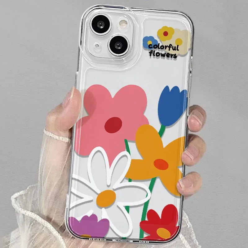 Color Flowers Phone Cases For iPhone 16 15 14 13 12 11 Pro Max XR 8 7 Plus 13 12 Mini Soft Transparent Cover