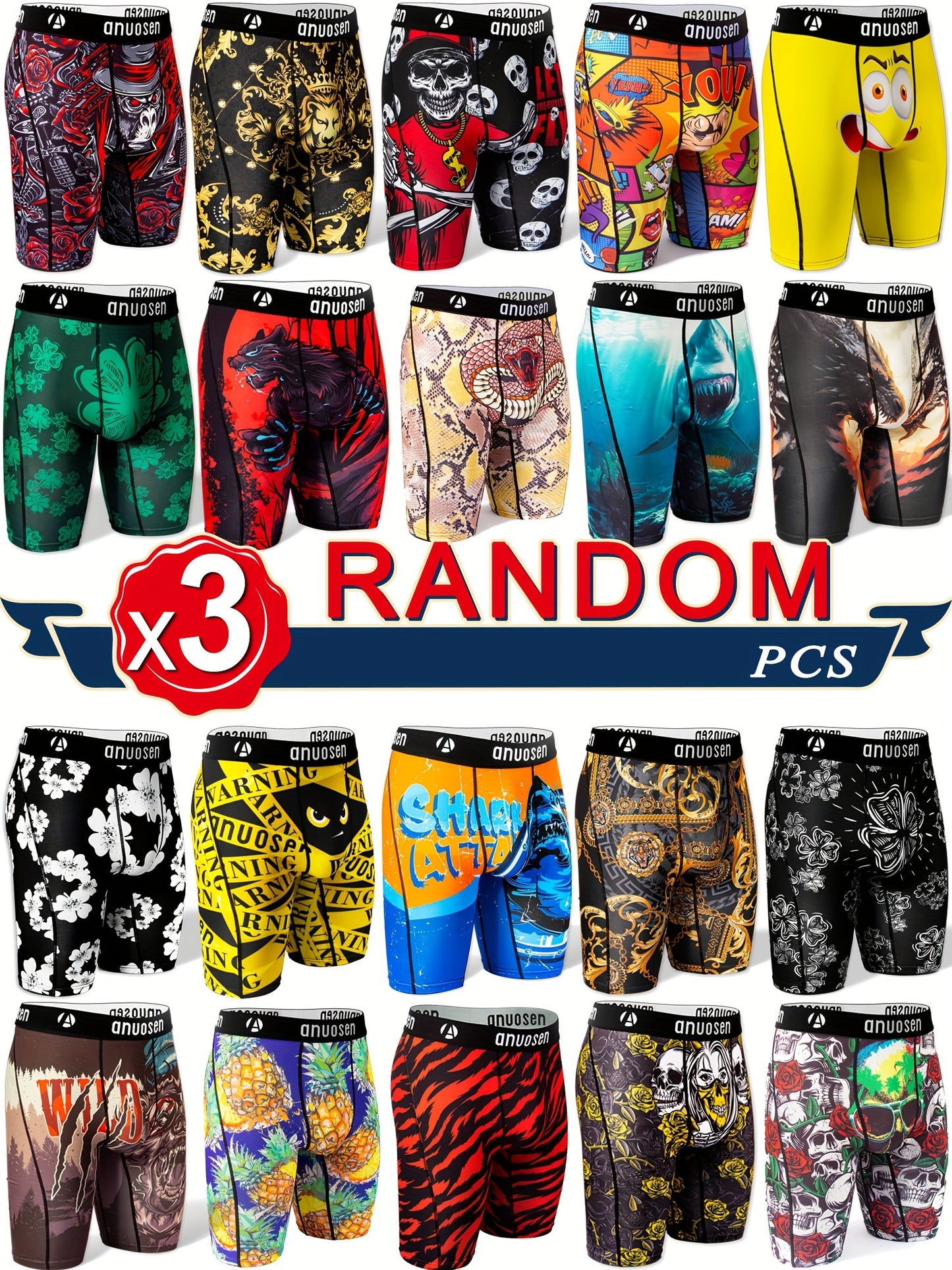 3pcs Patterned Graphic Boxer Briefs