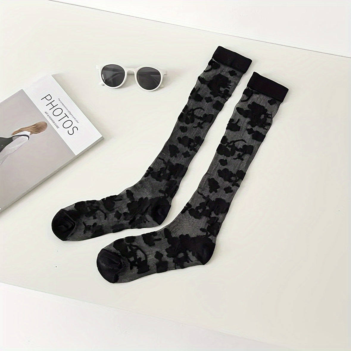3 Pairs Flower Pattern Semi-sheer Calf Socks
