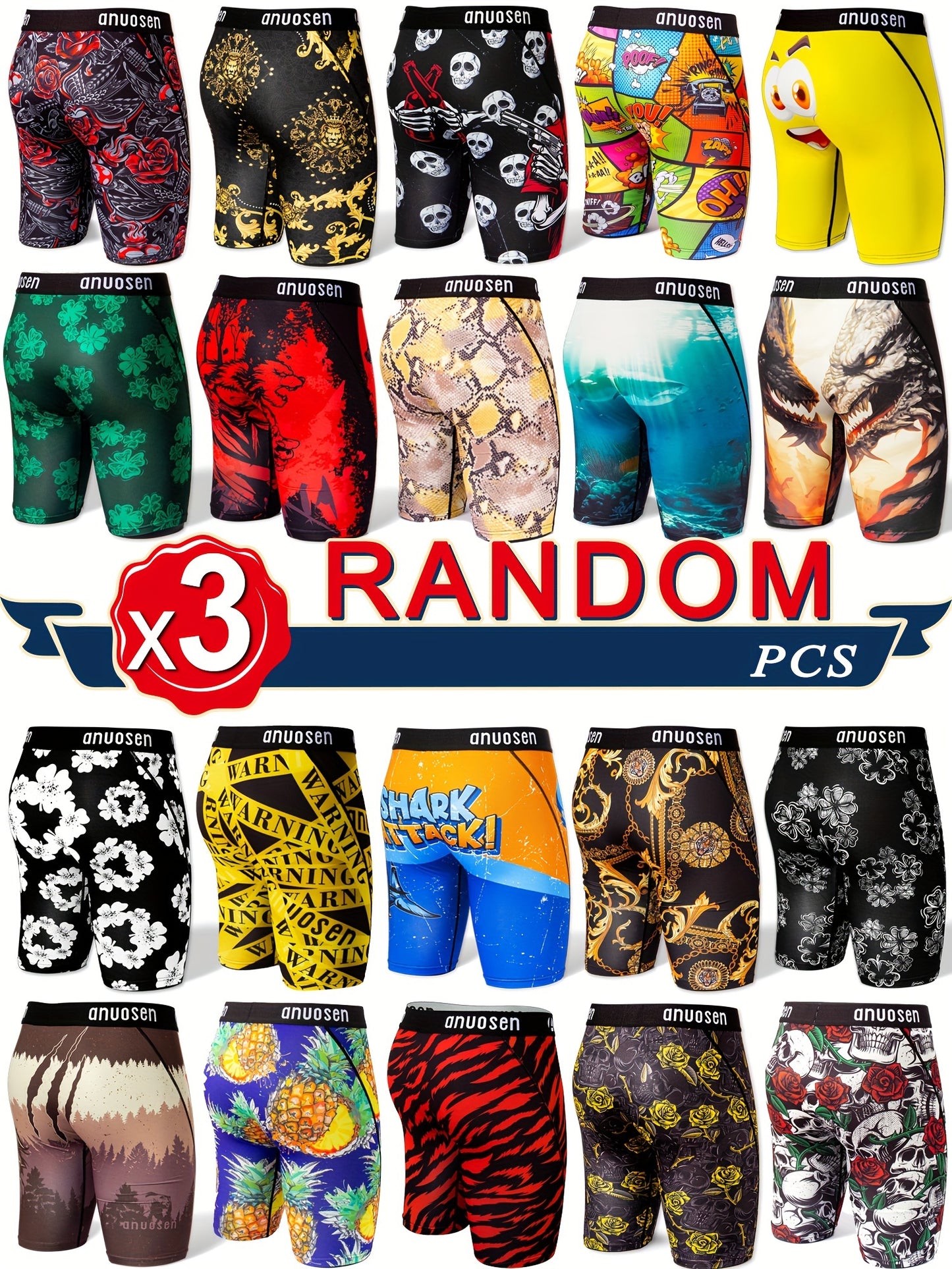 3pcs Patterned Graphic Boxer Briefs