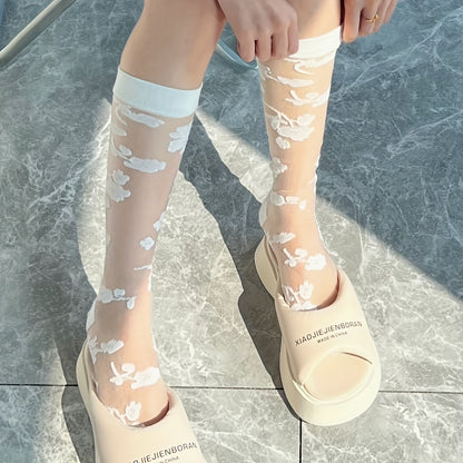 3 Pairs Flower Pattern Semi-sheer Calf Socks