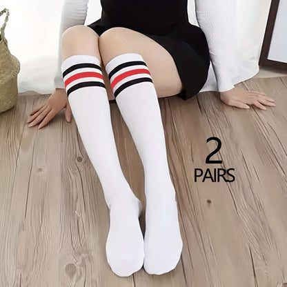 2 Pairs of Retro Striped Knee High Socks