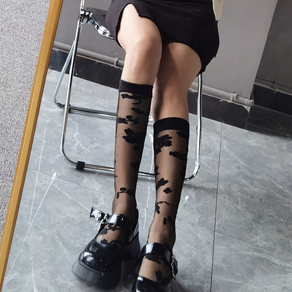 3 Pairs Flower Pattern Semi-sheer Calf Socks