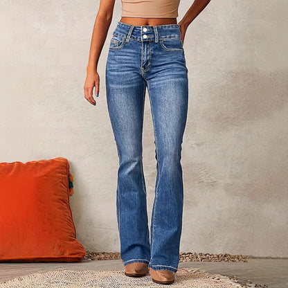 Skinny Flared Jeans With Pockets Fashion Button Zipper Trousers Women's Slim Denim Pants