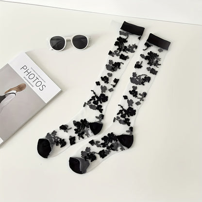 3 Pairs Flower Pattern Semi-sheer Calf Socks