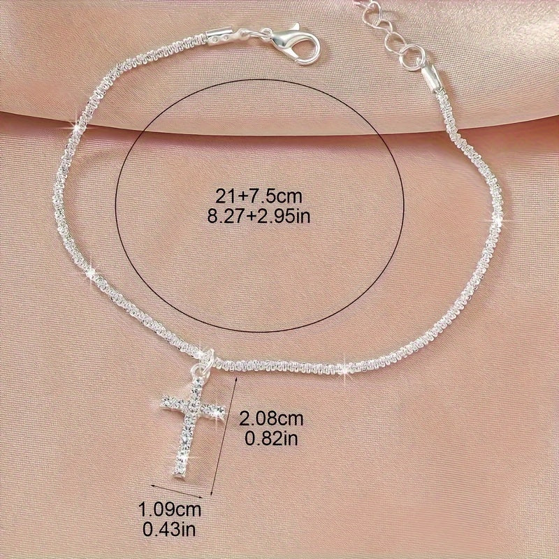 2pcs beautiful plated wavy shiny cross pendant anklet, single/double layer cross pendant anklet, perfect Valentine's Day, Birthday, Christmas gift, Perfect Valentine's Day, birthday, Christmas gift for family and friends.