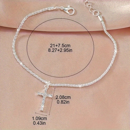 2pcs beautiful plated wavy shiny cross pendant anklet, single/double layer cross pendant anklet, perfect Valentine's Day, Birthday, Christmas gift, Perfect Valentine's Day, birthday, Christmas gift for family and friends.