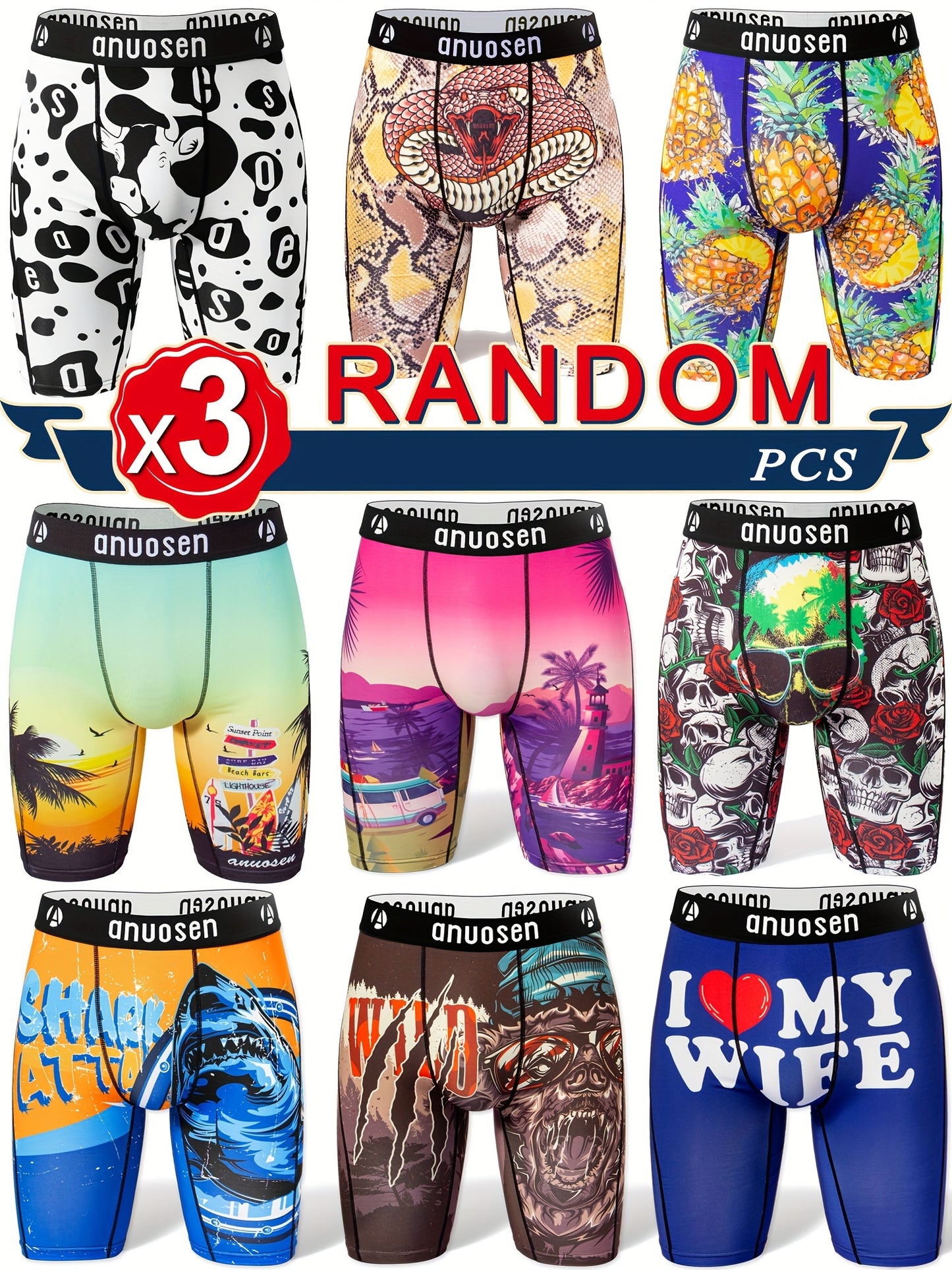 3pcs Patterned Graphic Boxer Briefs