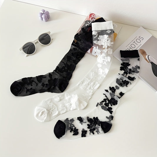 3 Pairs Flower Pattern Semi-sheer Calf Socks