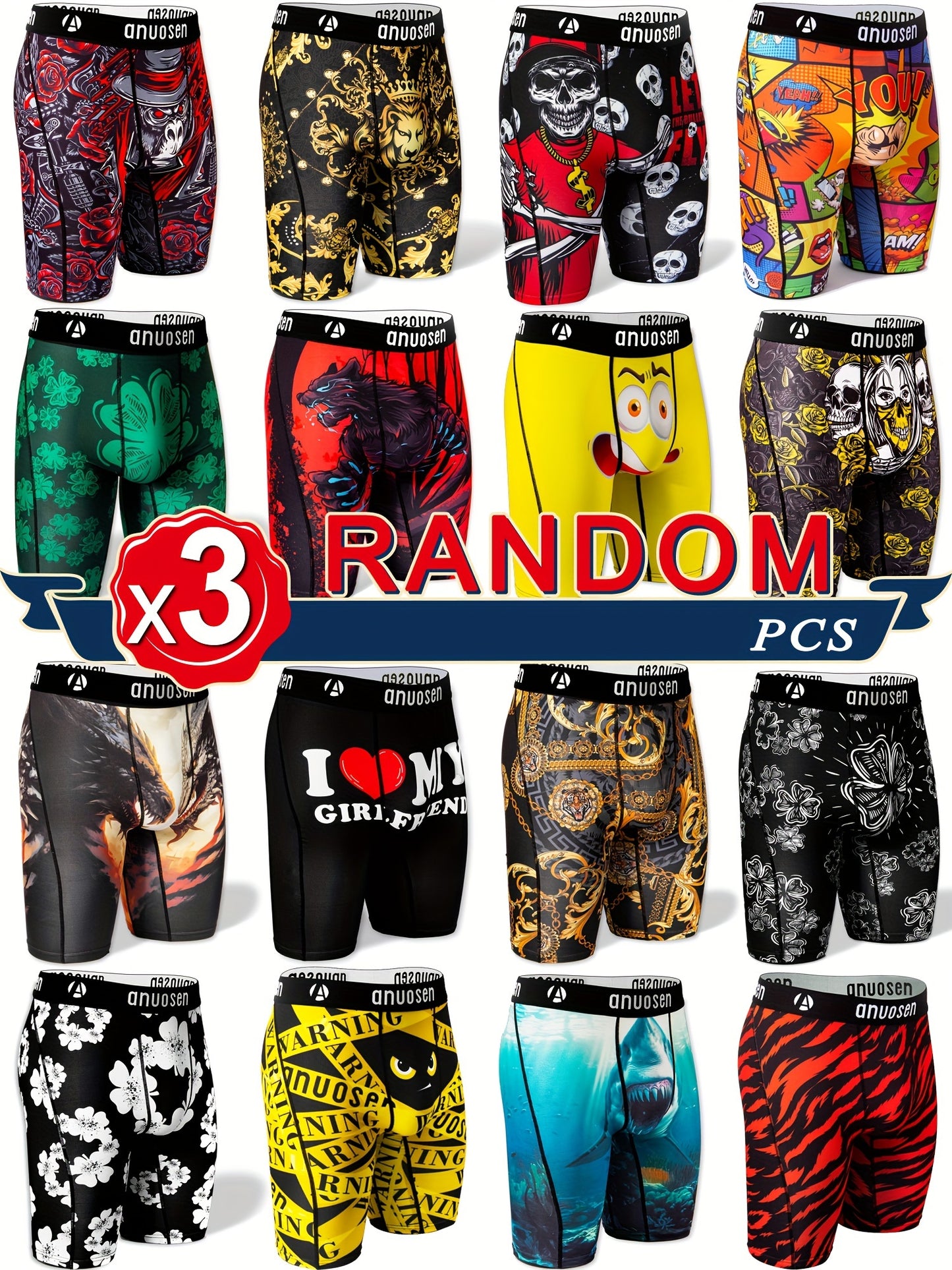 3pcs Patterned Graphic Boxer Briefs