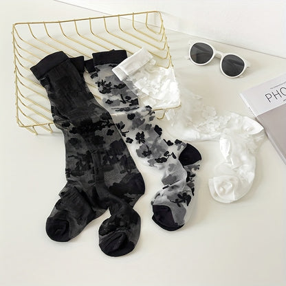 3 Pairs Flower Pattern Semi-sheer Calf Socks