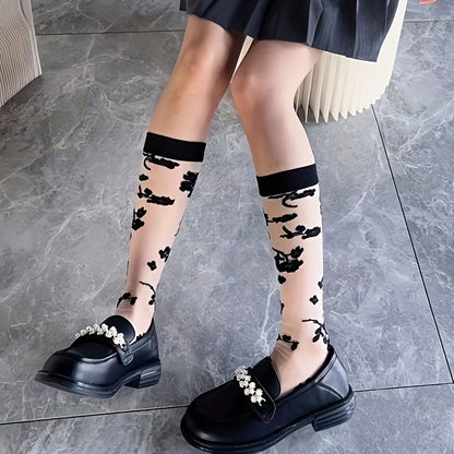 3 Pairs Flower Pattern Semi-sheer Calf Socks