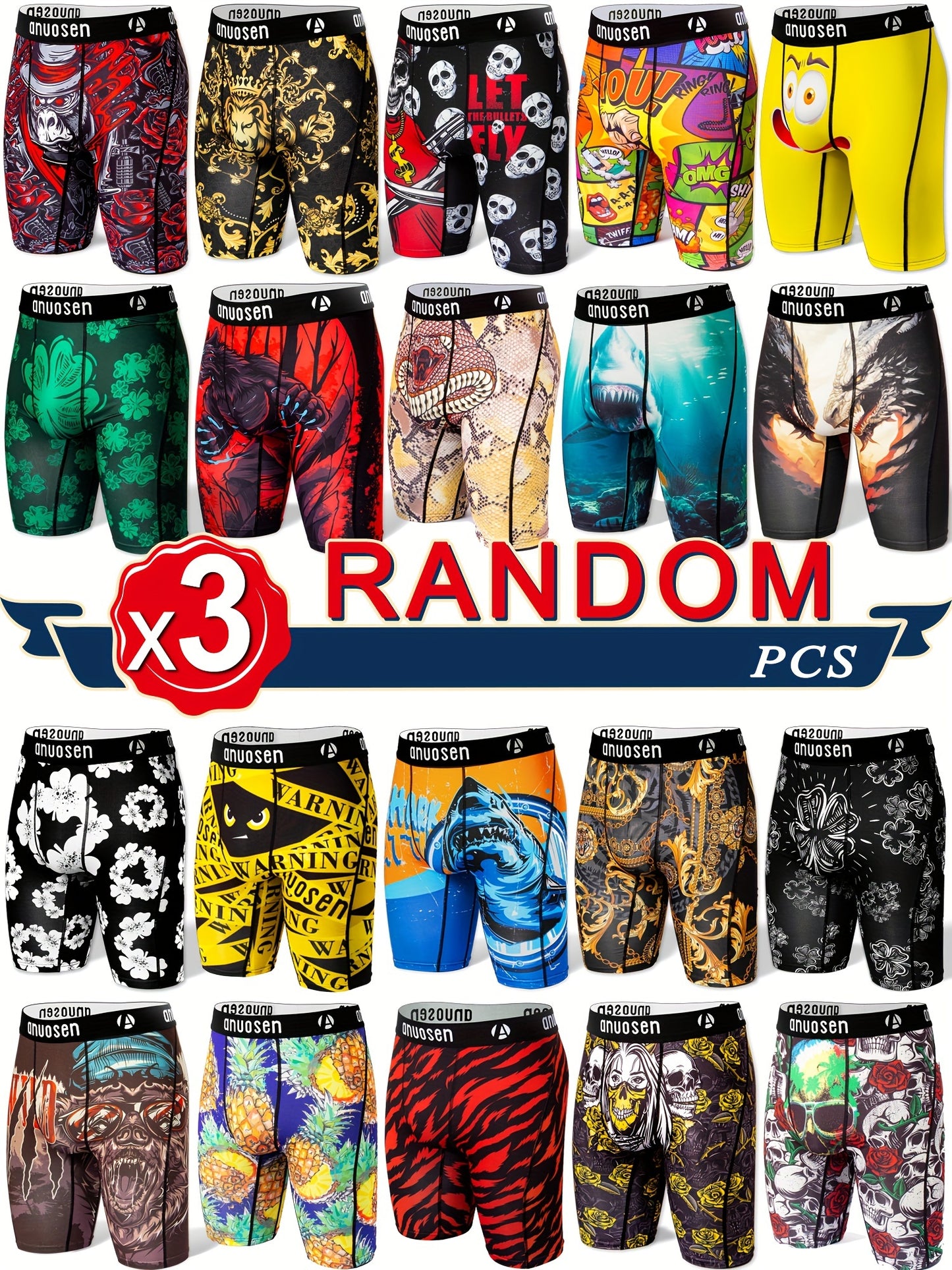 3pcs Patterned Graphic Boxer Briefs