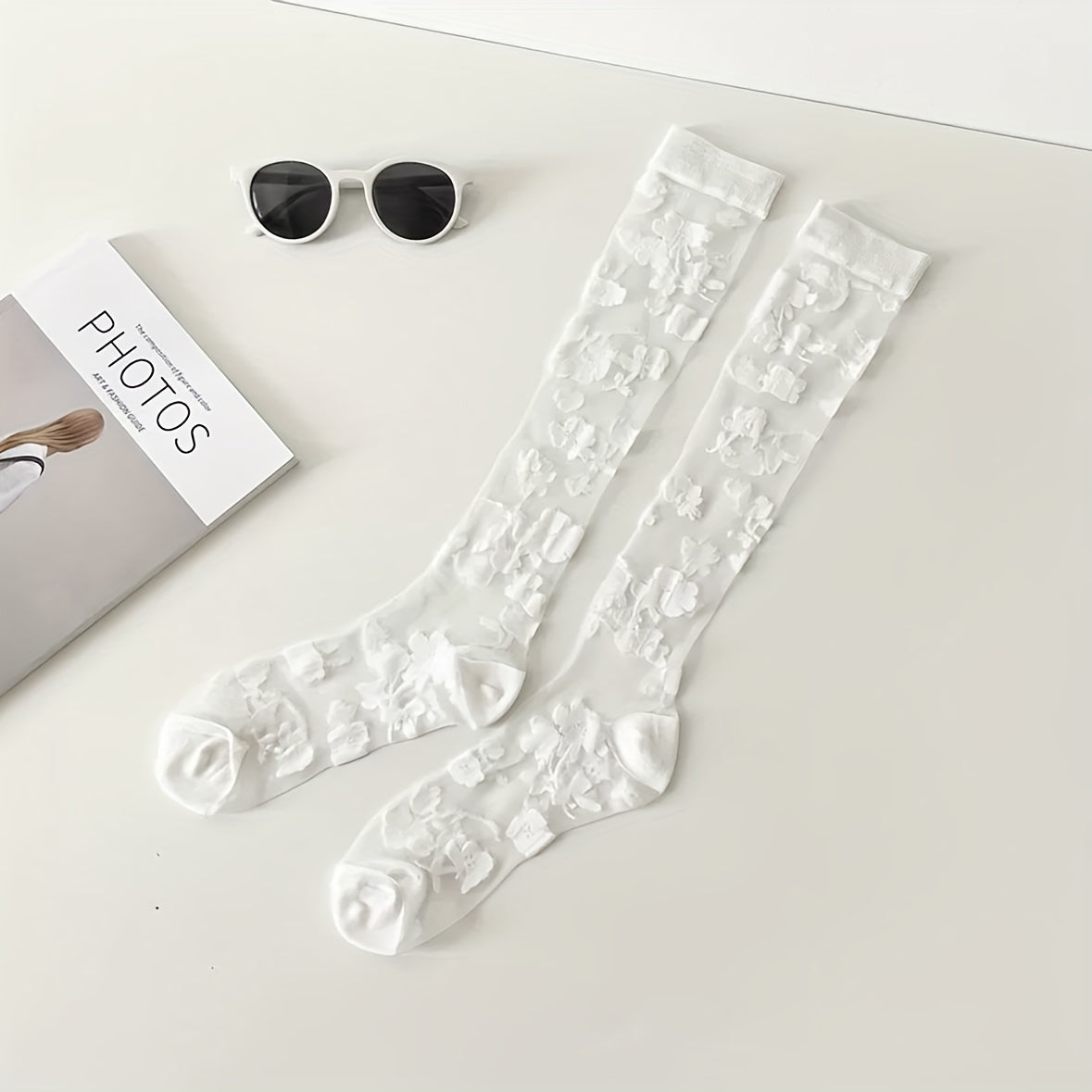 3 Pairs Flower Pattern Semi-sheer Calf Socks