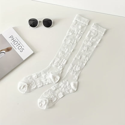 3 Pairs Flower Pattern Semi-sheer Calf Socks
