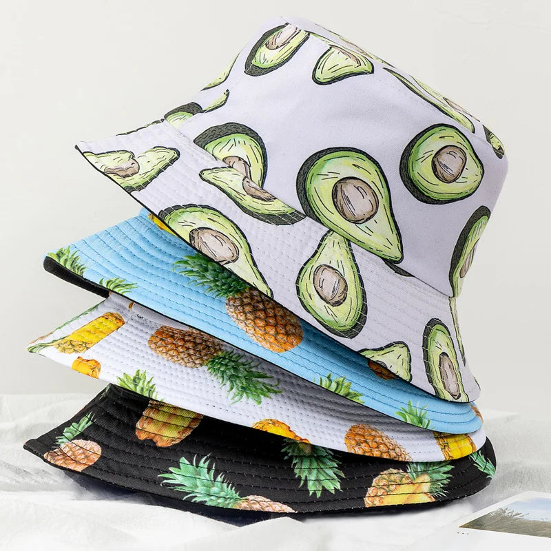 Hot Sale Unisex Bucket Hats Summer Double-sided Wear Fruit Printing Women Cap Outdoor Sun Hat Men Classic Panama Bucket Hat