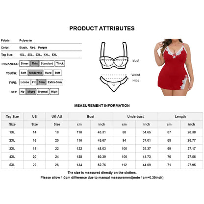 Women Nightdress Sexy Lingerie Plus Size Lace Bodydoll Mini Dress Lady Nightgown Large Size Sleepwear Pajamas Dress 4XL 5XL