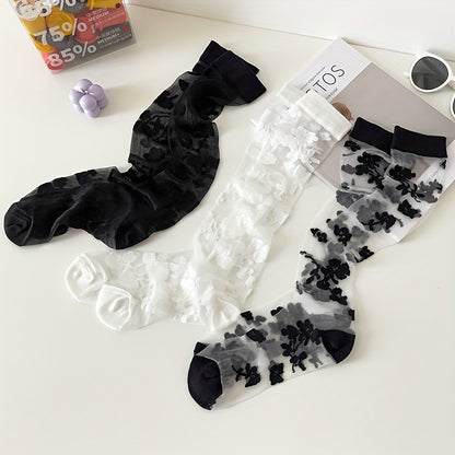 3 Pairs Flower Pattern Semi-sheer Calf Socks