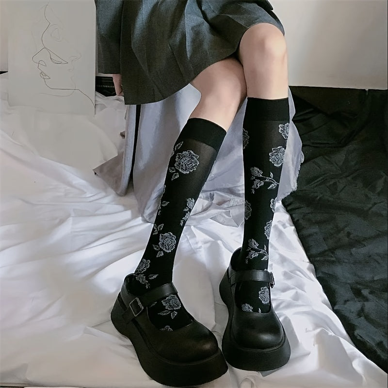 1 Pair Rose Pattern Calf Socks