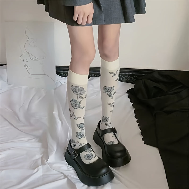 1 Pair Rose Pattern Calf Socks