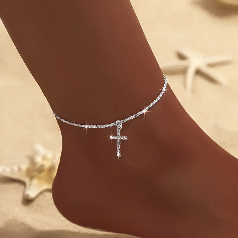 2pcs beautiful plated wavy shiny cross pendant anklet, single/double layer cross pendant anklet, perfect Valentine's Day, Birthday, Christmas gift, Perfect Valentine's Day, birthday, Christmas gift for family and friends.