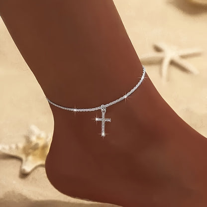 2pcs beautiful plated wavy shiny cross pendant anklet, single/double layer cross pendant anklet, perfect Valentine's Day, Birthday, Christmas gift, Perfect Valentine's Day, birthday, Christmas gift for family and friends.