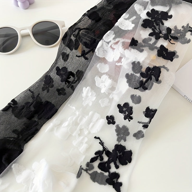 3 Pairs Flower Pattern Semi-sheer Calf Socks