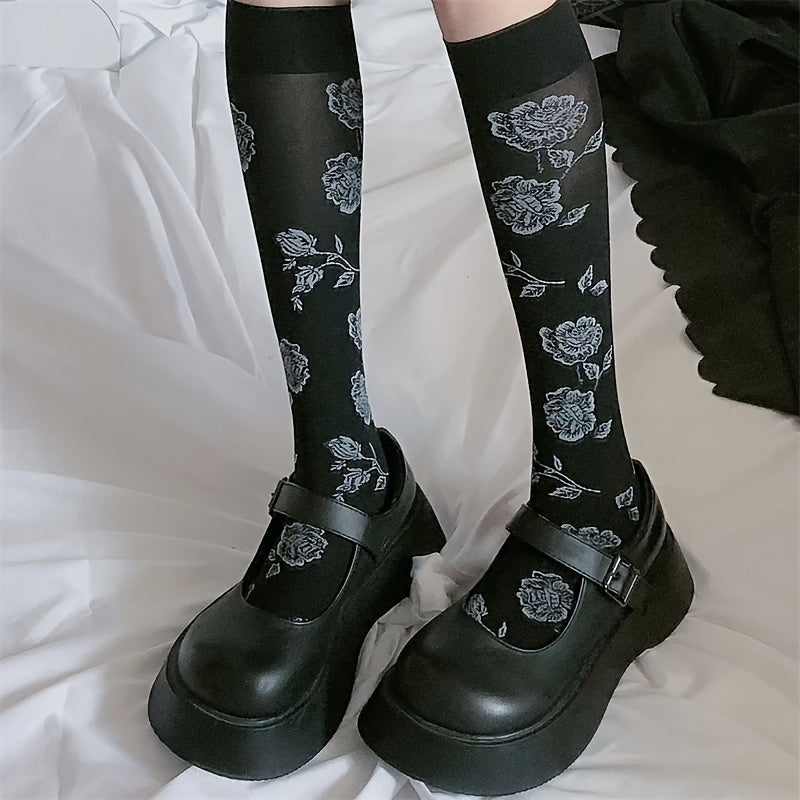 1 Pair Rose Pattern Calf Socks